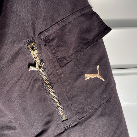 Black Puma Bomber Faux Fur Hooded Moto style Jacket Sized Large - Picture 5 of 14